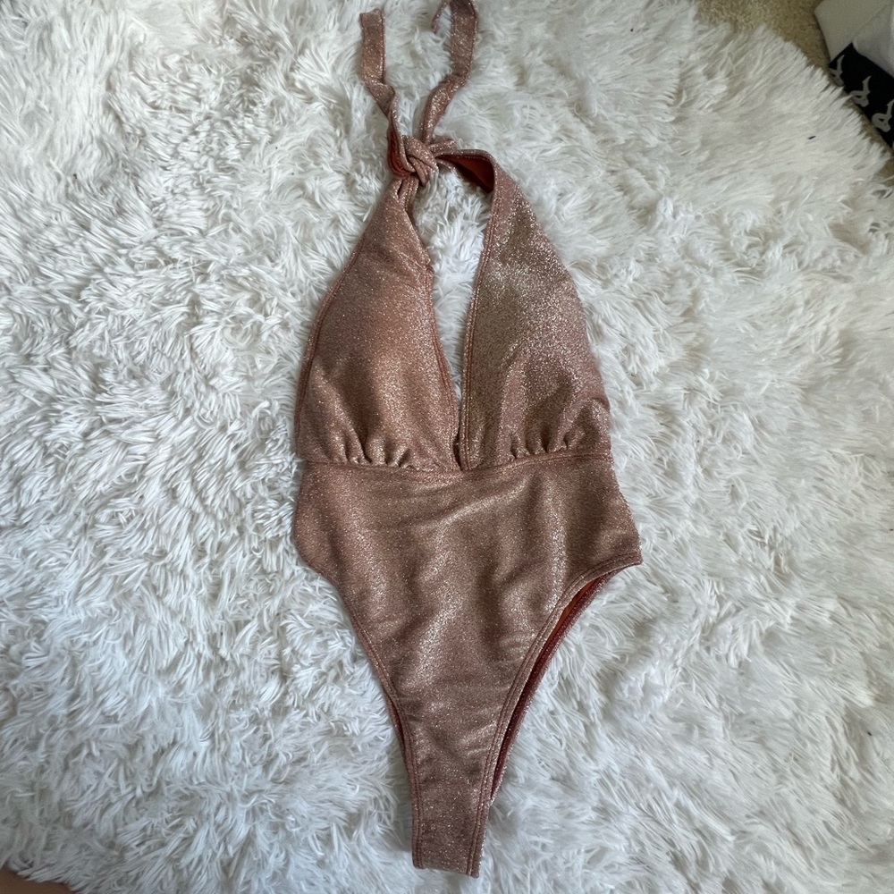 Orange shimmer/sparkle one piece tie neck swimsuit.